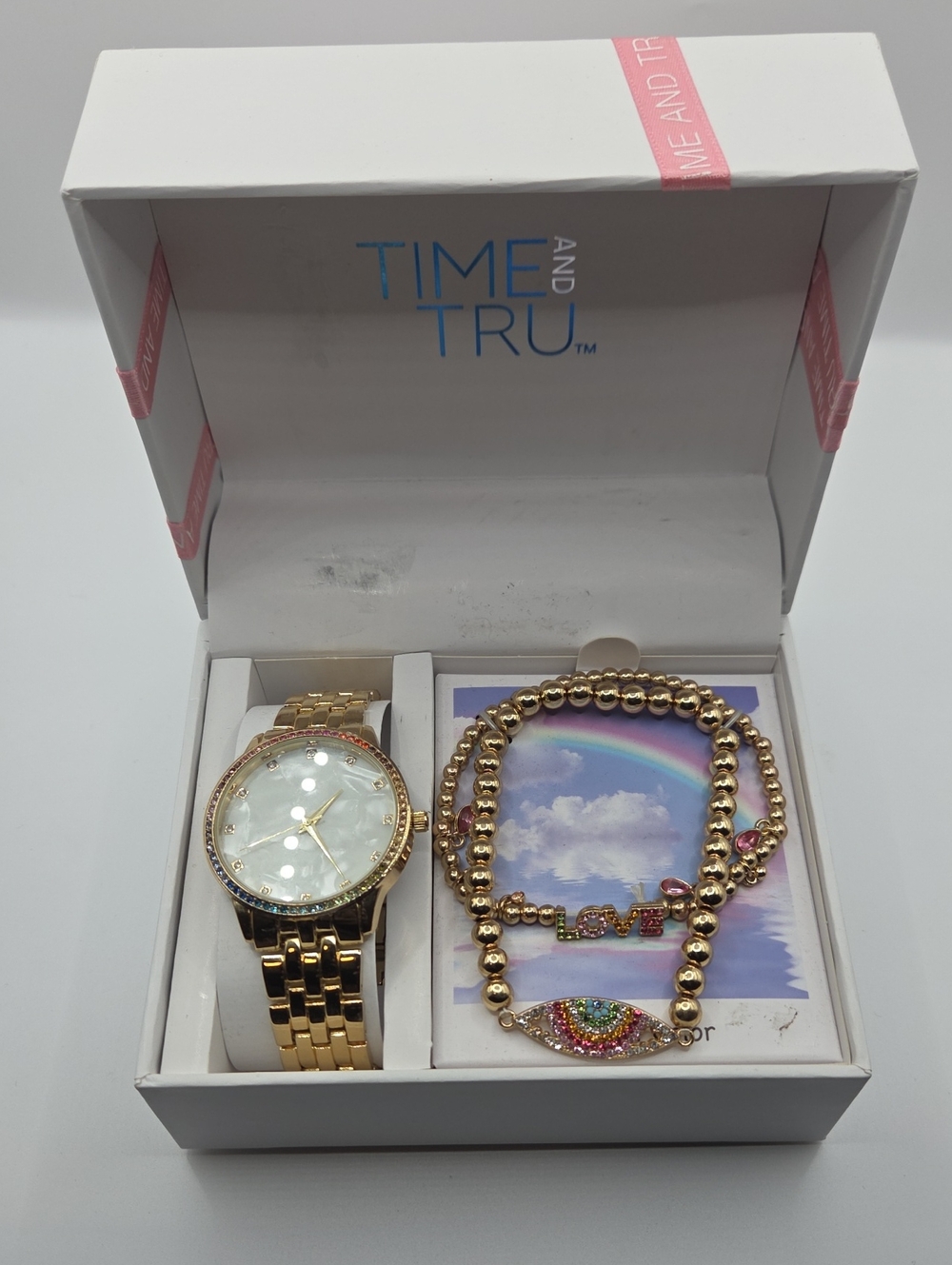 TIME AND TRU Gold-tone Watch and Beaded Bracelet Set - Gold